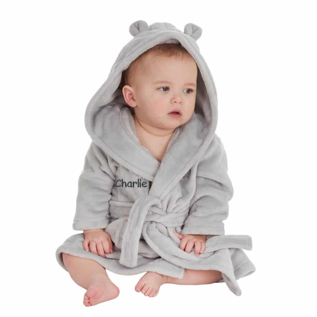 Personalised Grey Baby Robe Soft Hooded Fleece Dressing Gown