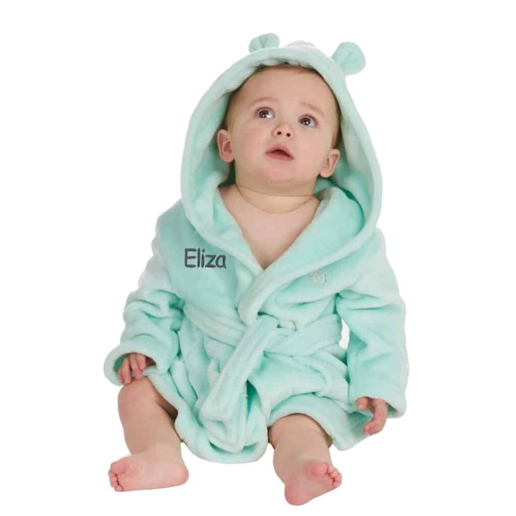 Personalised Mint Baby Robe Soft Hooded Fleece Dressing Gown