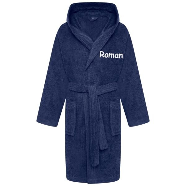 Personalised Navy Towelling Bathrobe Kids Dressing Gown 100% Cotton Hooded Perfect Gift