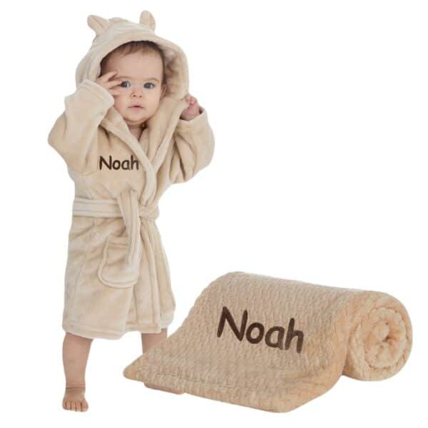 Personalised Beige Baby Blanket and Dressing Gown Present Gift Set