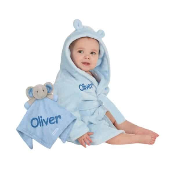 Personalised Blue Baby Comforter and Dressing Gown Present Gift Set