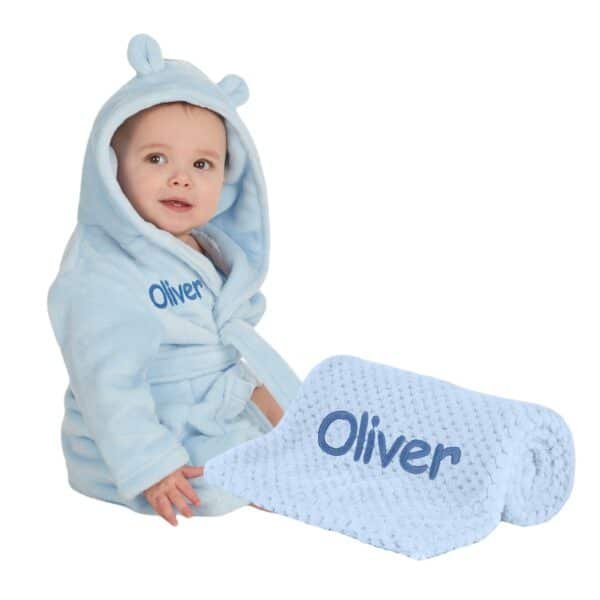 Personalised Blue Baby Blanket and Dressing Gown Present Gift Set