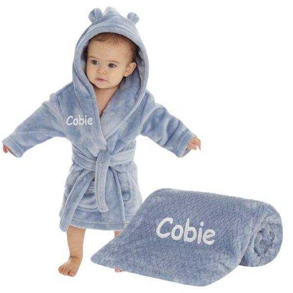 Personalised Dusky Blue Baby Blanket and Dressing Gown Present Gift Set