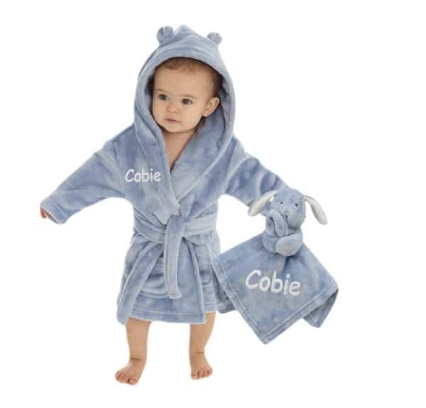 Personalised Dusky Blue Baby Comforter and Dressing Gown Present Gift Set