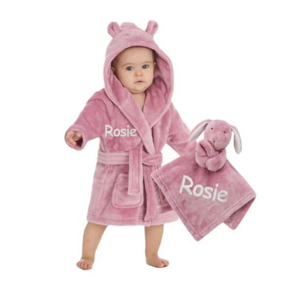 Personalised Dusky Pink Baby Comforter and Dressing Gown Present Gift Set