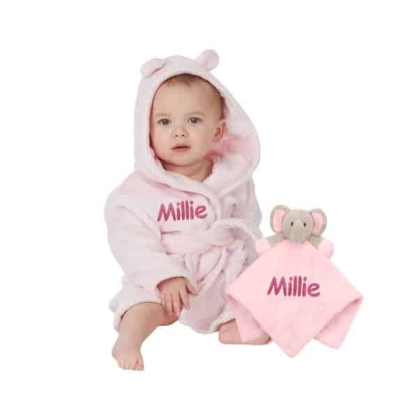 Personalised Pink Baby Comforter and Dressing Gown Present Gift Set