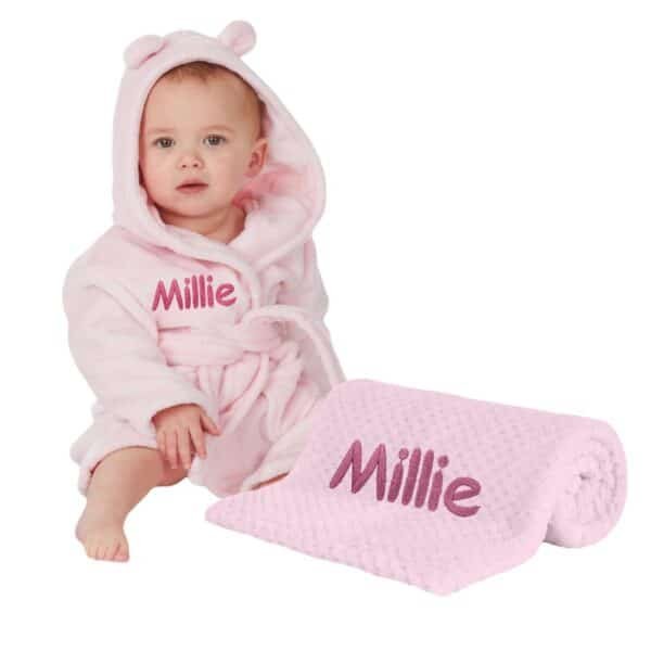 Personalised Pink Baby Blanket and Dressing Gown Present Gift Set